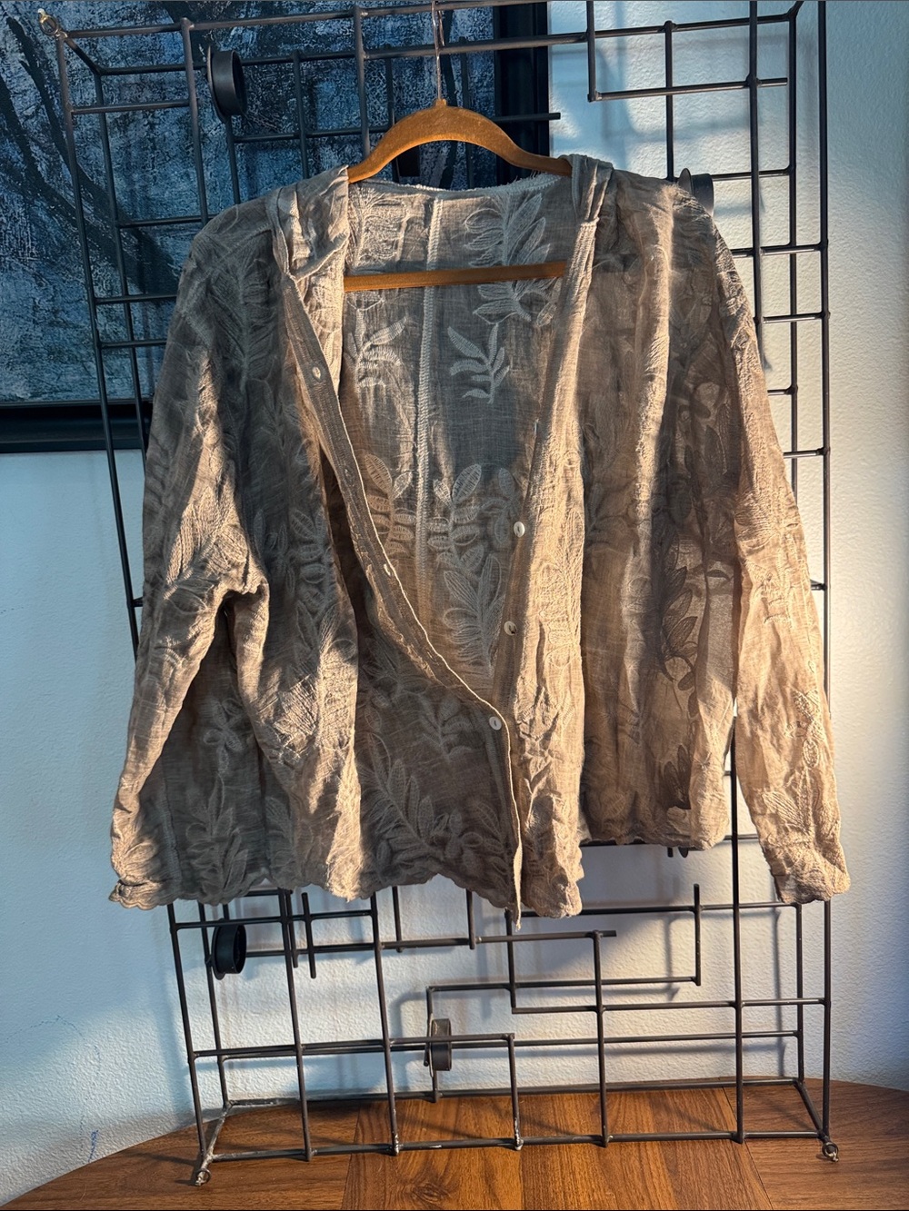 Sheer taupe floral sewn hoodie